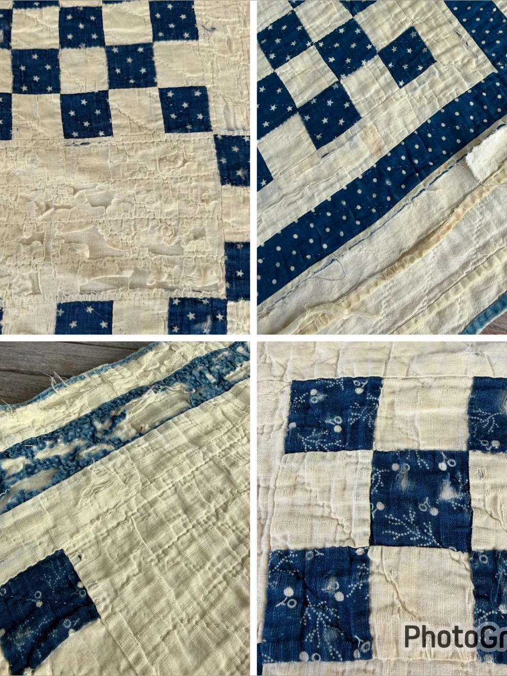 VTG Irish Chain Quilt Blue White Stars Soft Gauzy Cotton 1940s Cutter 70x75